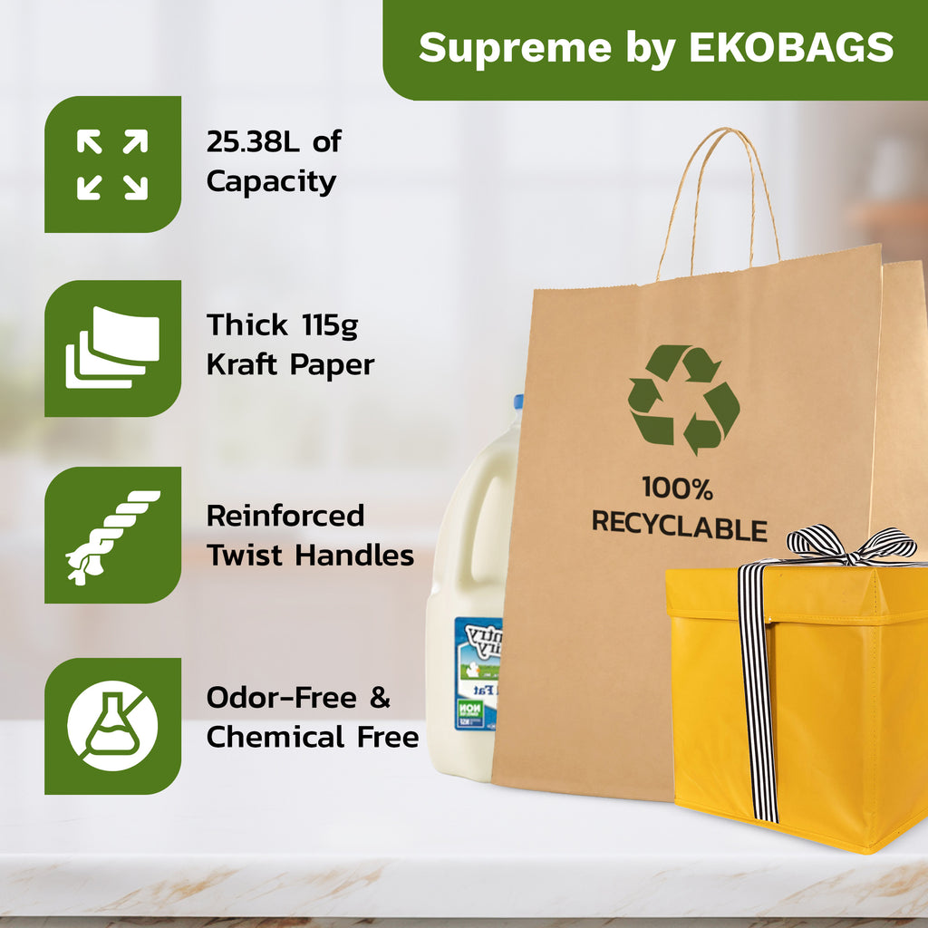 Supreme Kraft Paper Gift Bags with Handles, Holds 25.38L