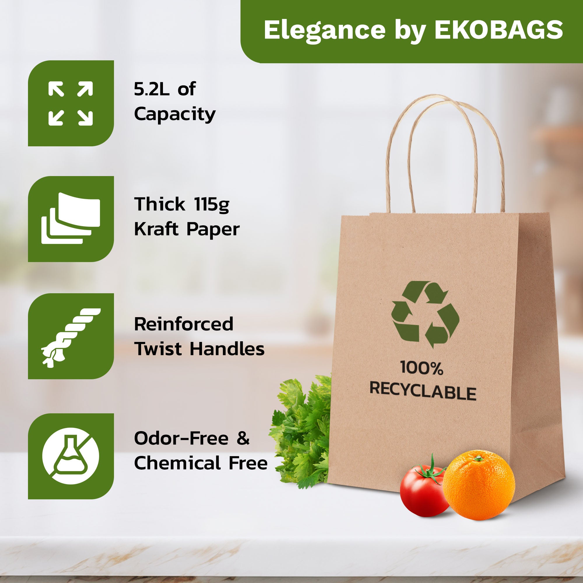 Elegance Small Kraft Paper Gift Bags with Handles, Holds 3.4L