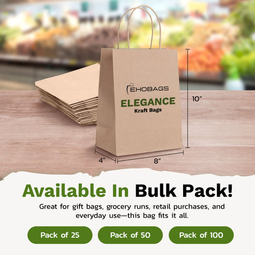 Elegance Small Kraft Paper Gift Bags with Handles, Holds 3.4L