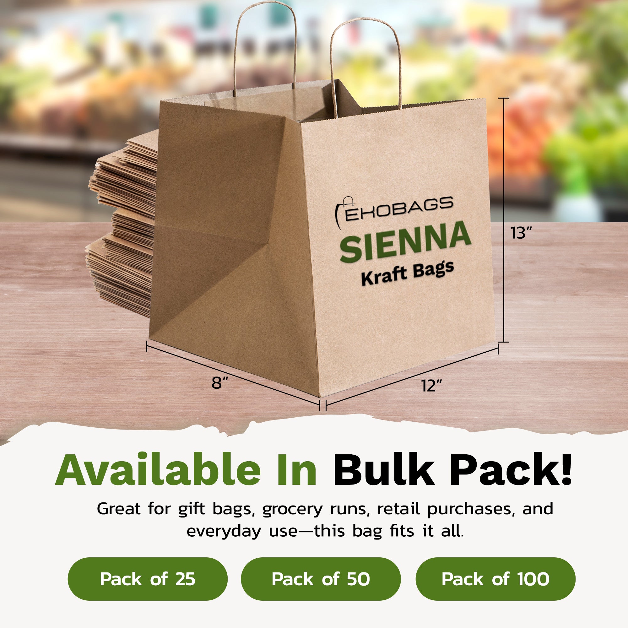 Sienna Kraft Paper Gift Bags with Handles, Holds 20.3L