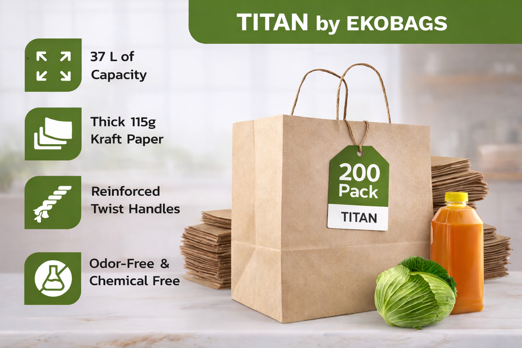 Titan Kraft Paper Gift Bags with Handles, Holds up to 37L/10 lbs